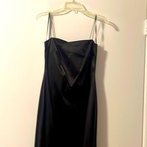 Black long satin dress with purple piping on side